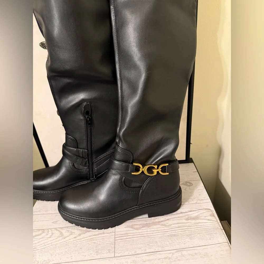 Guess Jellio Black Over-the-Knee Boots with Gold Accent